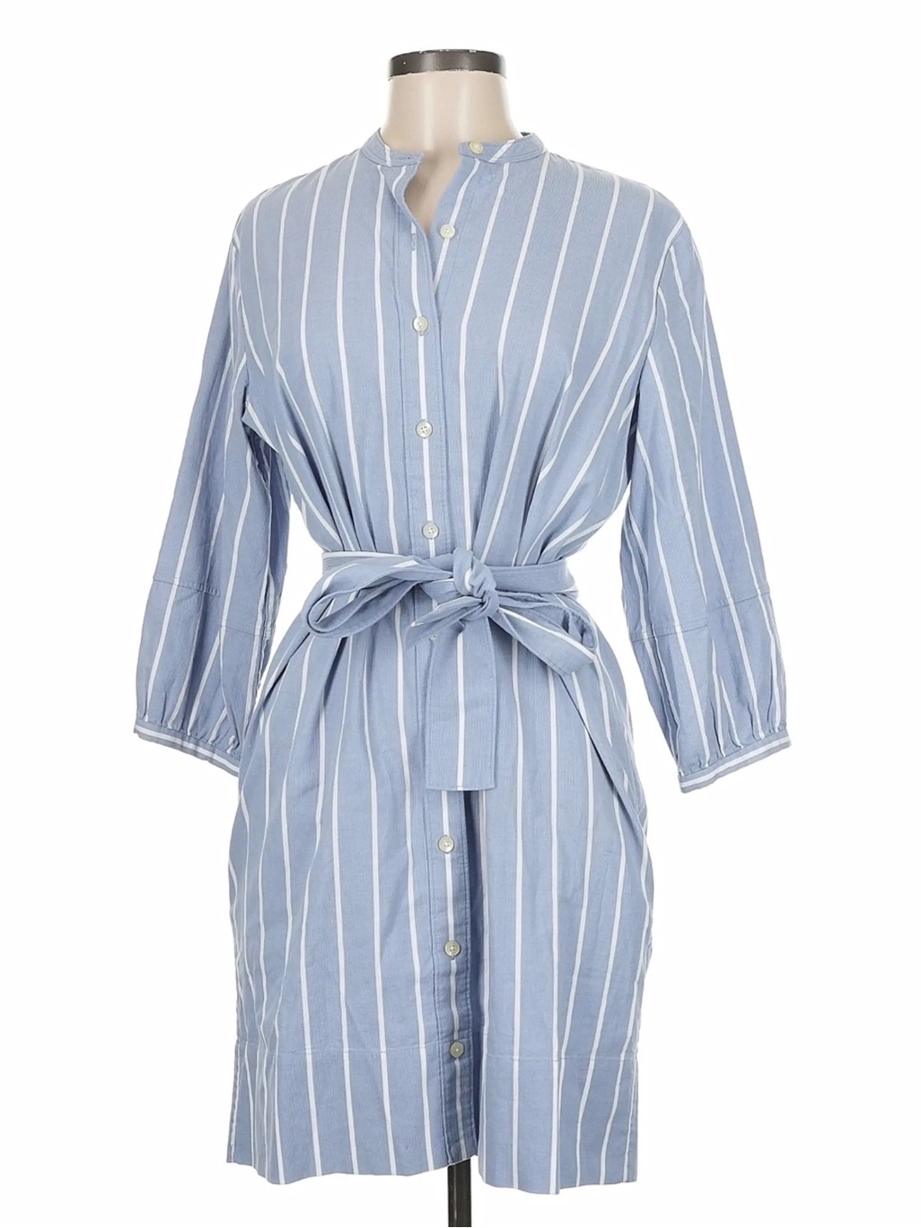 Everlane The Cotton Weave Dress Blue White Striped Mini Tie Waist 3/4 Sleeves
